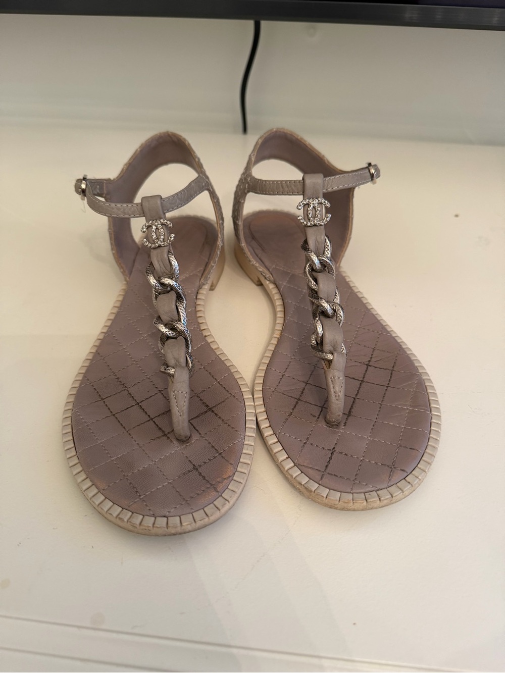 CHANEL Quilted T-Strap Chain Sandals in Taupe